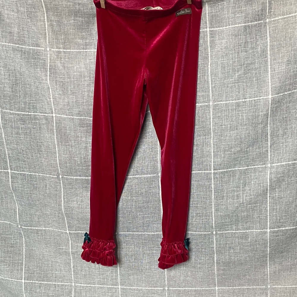 Matilda Jane Velvet Ruffle Hem Kids Leggings - Red, green bow